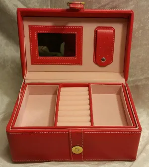 Jaclyn Smith Jewelry Box Case Storage Red Organizer Display Carrying Roll Watch Necklace Earring Chest Mirrored Mirror Ring Two-compartment interior Removable 4-section divided Fabric lining