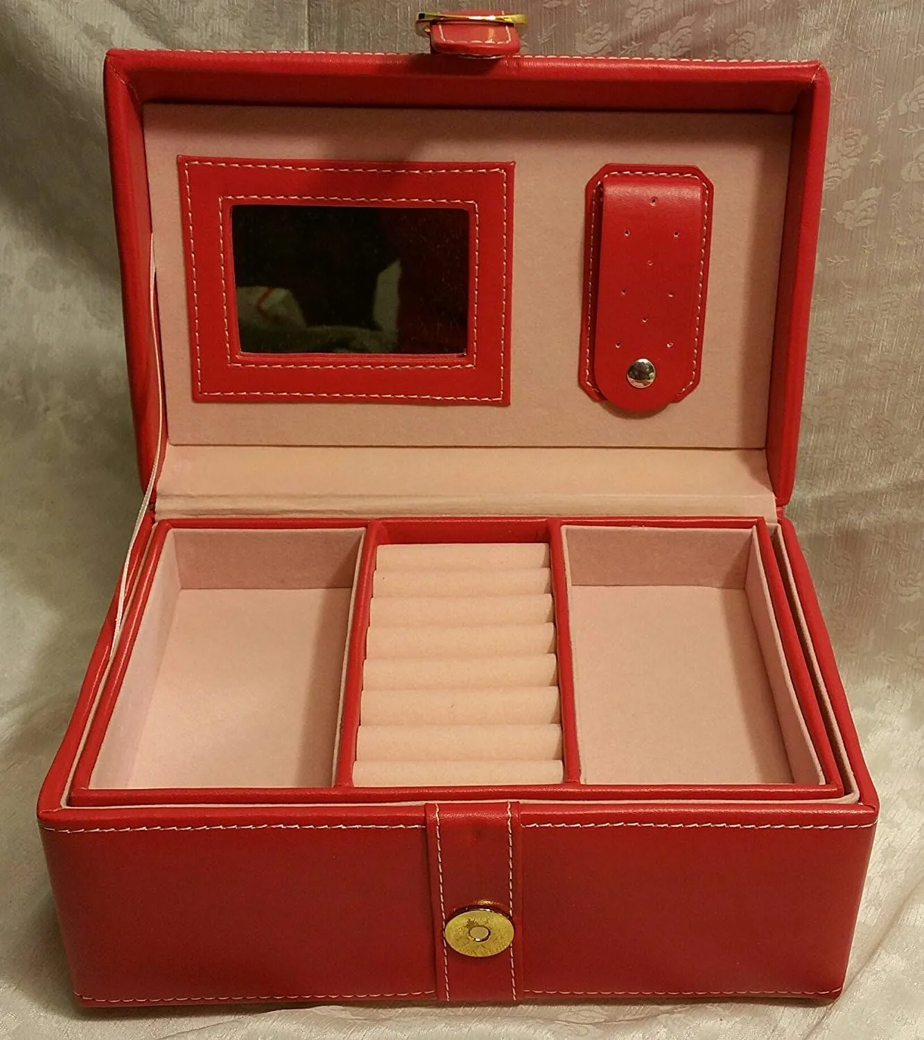 Jaclyn Smith Jewelry Box Case Storage Red Organizer Display Carrying Roll Watch Necklace Earring Chest Mirrored Mirror Ring Two-compartment interior Removable 4-section divided Fabric lining