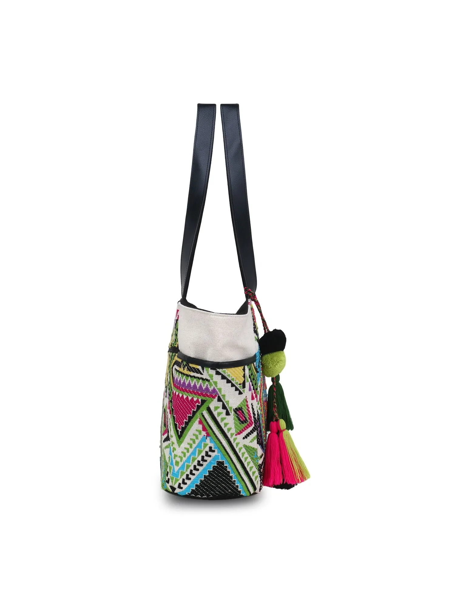 Jacquard & Fabric Geometric Embellished Tote Bag