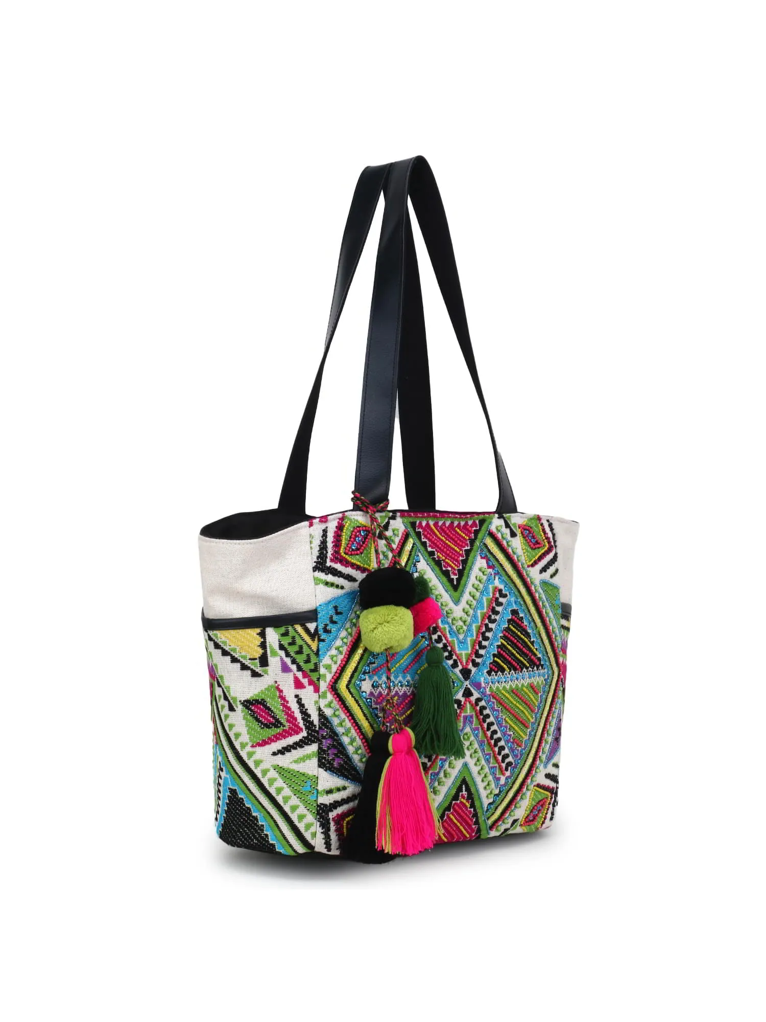 Jacquard & Fabric Geometric Embellished Tote Bag