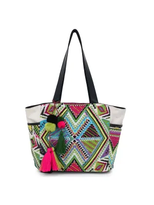 Jacquard & Fabric Geometric Embellished Tote Bag