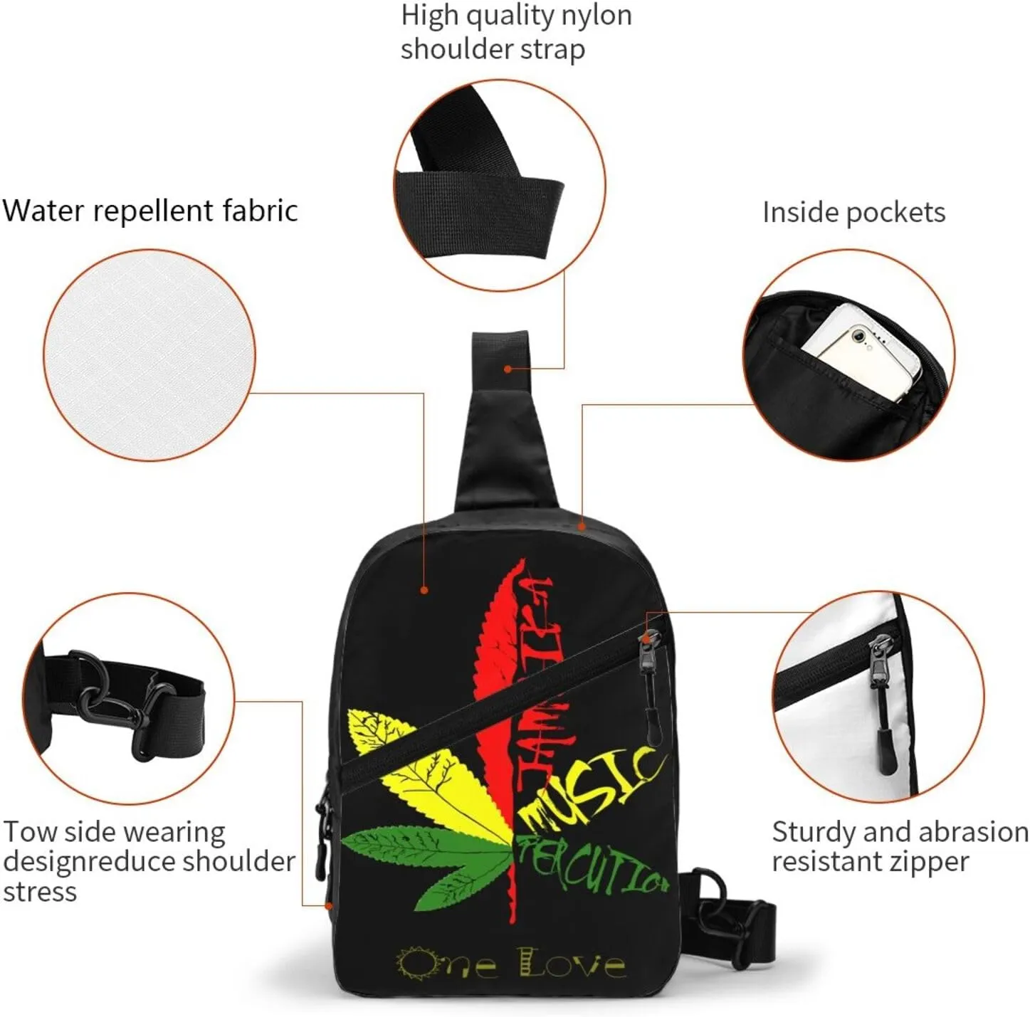 Jamaika Music Reggae Portable Sling Bags Packable Crossbody Bag Foldable Sport Daypack Reusable Shoulder Backpack Diagonally Chest Bag for Workout Travel