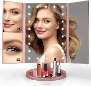 JAMIEWIN Lighted Makeup Mirror 3X/2X/1X Magnification 21 LED Trifold Vanity Mirror with Touch Sensor Dimming Portable Travel Mirror Best Xmas Gifts for Women Girls