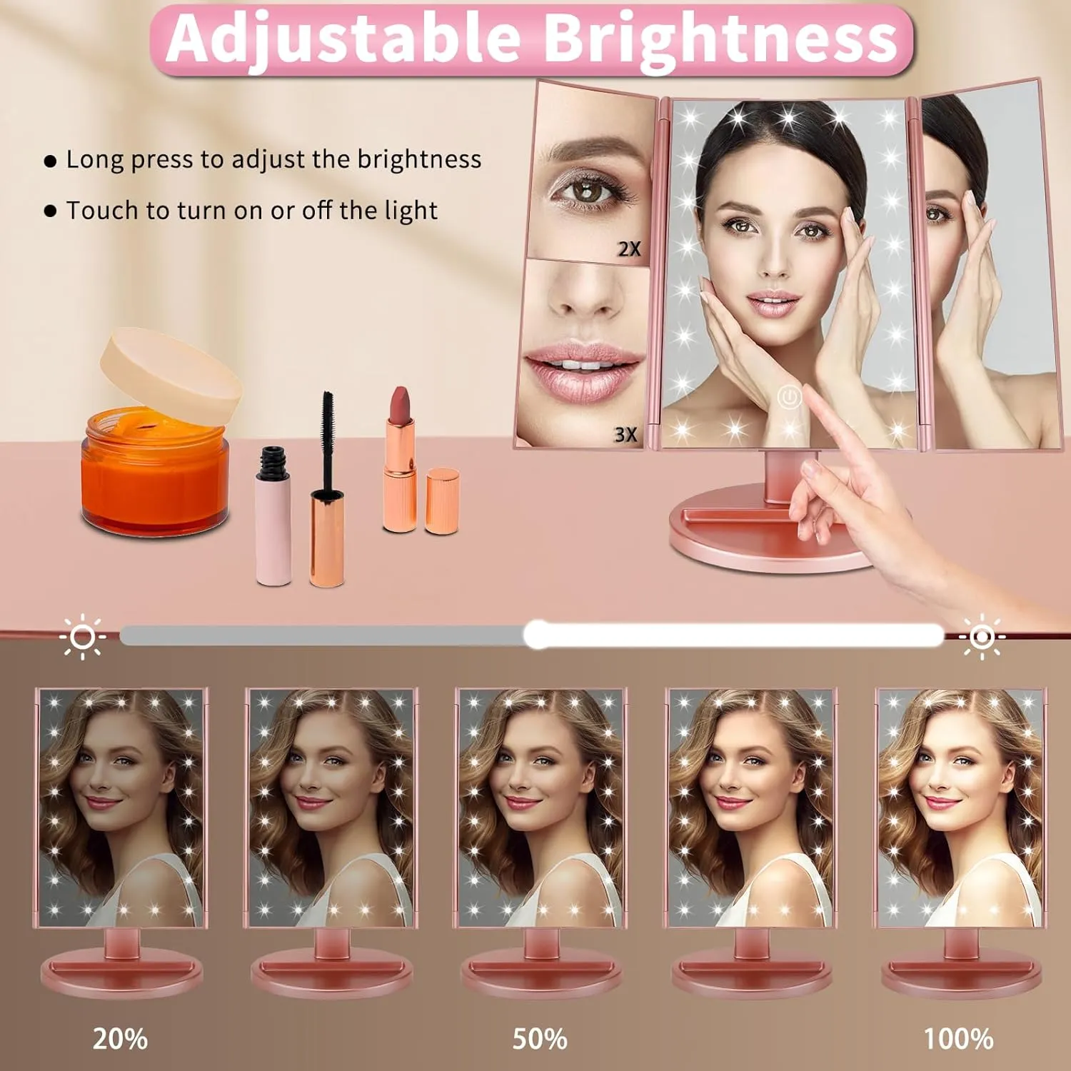 JAMIEWIN Lighted Makeup Mirror 3X/2X/1X Magnification 21 LED Trifold Vanity Mirror with Touch Sensor Dimming Portable Travel Mirror Best Xmas Gifts for Women Girls