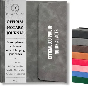 JC Classics Notary Journal Log Book Hardcover with Privacy Guard - Notary Log Book with 522 Notarial Record Entries - Compliant Notary Book for Notaries for All States Except HI (Gray)