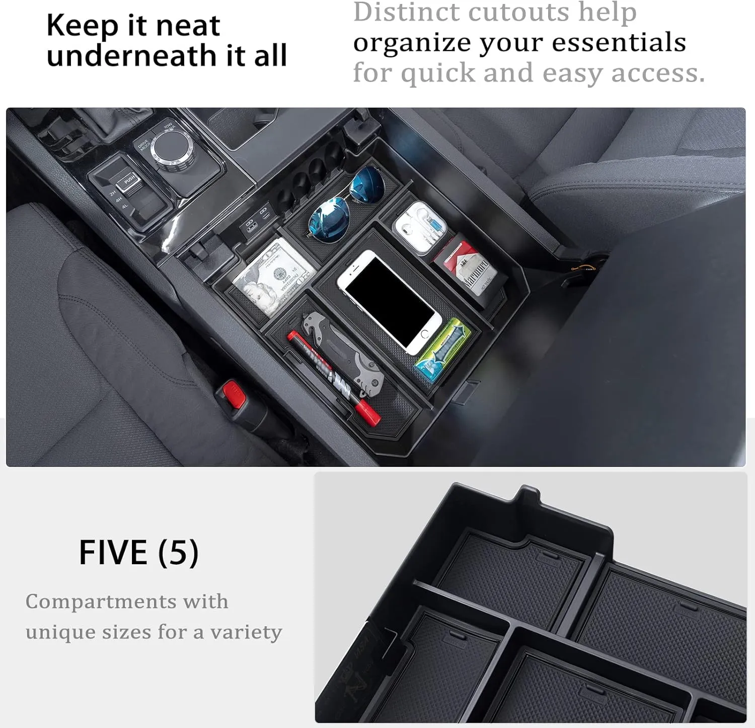 JDMCAR Center Console Organizer Compatible with 2022 2023 2024 2025 Toyota Tundra Accessories and 2023-2025 toyota sequoia Armrest Secondary Storage Box ABS Material with Non-Slip Mats (Black Trim)