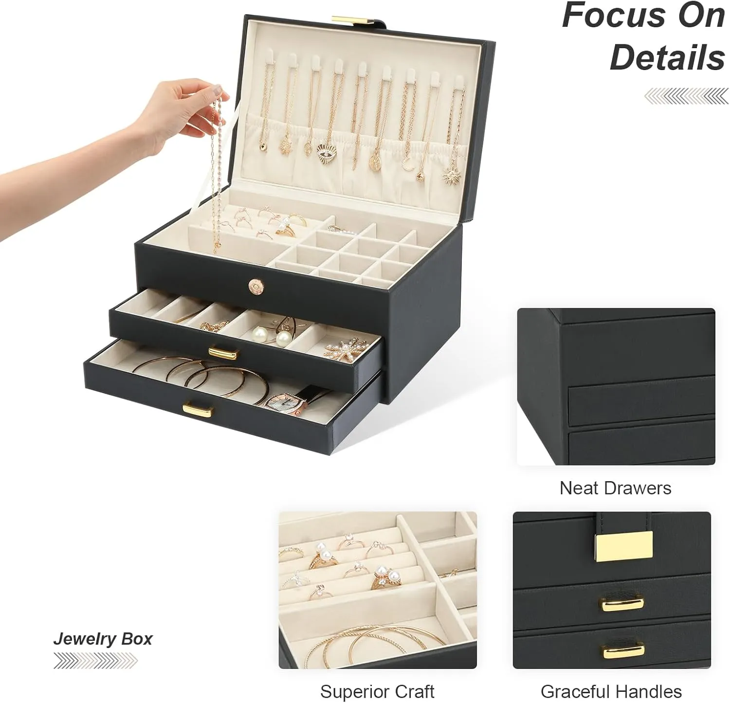 Jewelry Holder Organizer, Leather Jewelry Set Box with 2 Drawers, Jewelry Storage Box for Women Girls(Black)