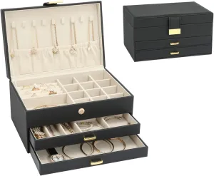 Jewelry Holder Organizer, Leather Jewelry Set Box with 2 Drawers, Jewelry Storage Box for Women Girls(Black)