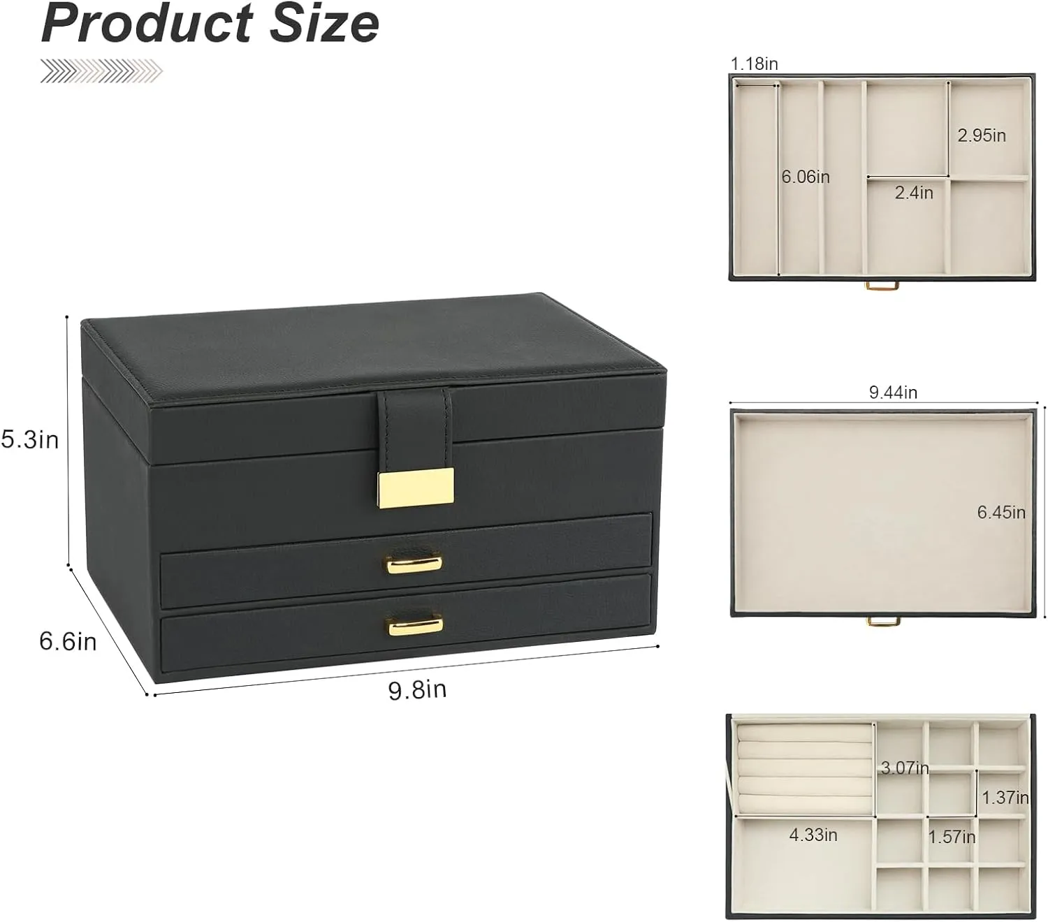 Jewelry Holder Organizer, Leather Jewelry Set Box with 2 Drawers, Jewelry Storage Box for Women Girls(Black)
