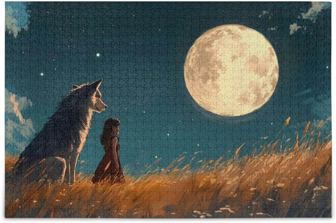 Jigsaw Puzzle for Adults 500 Pieces, Moon Grassland Wolf Woman Challenging Puzzle for Puzzles Lovers Jigsaw Puzzle for Party Entertainment, Family Games