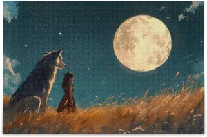 Jigsaw Puzzle for Adults 500 Pieces, Moon Grassland Wolf Woman Challenging Puzzle for Puzzles Lovers Jigsaw Puzzle for Party Entertainment, Family Games