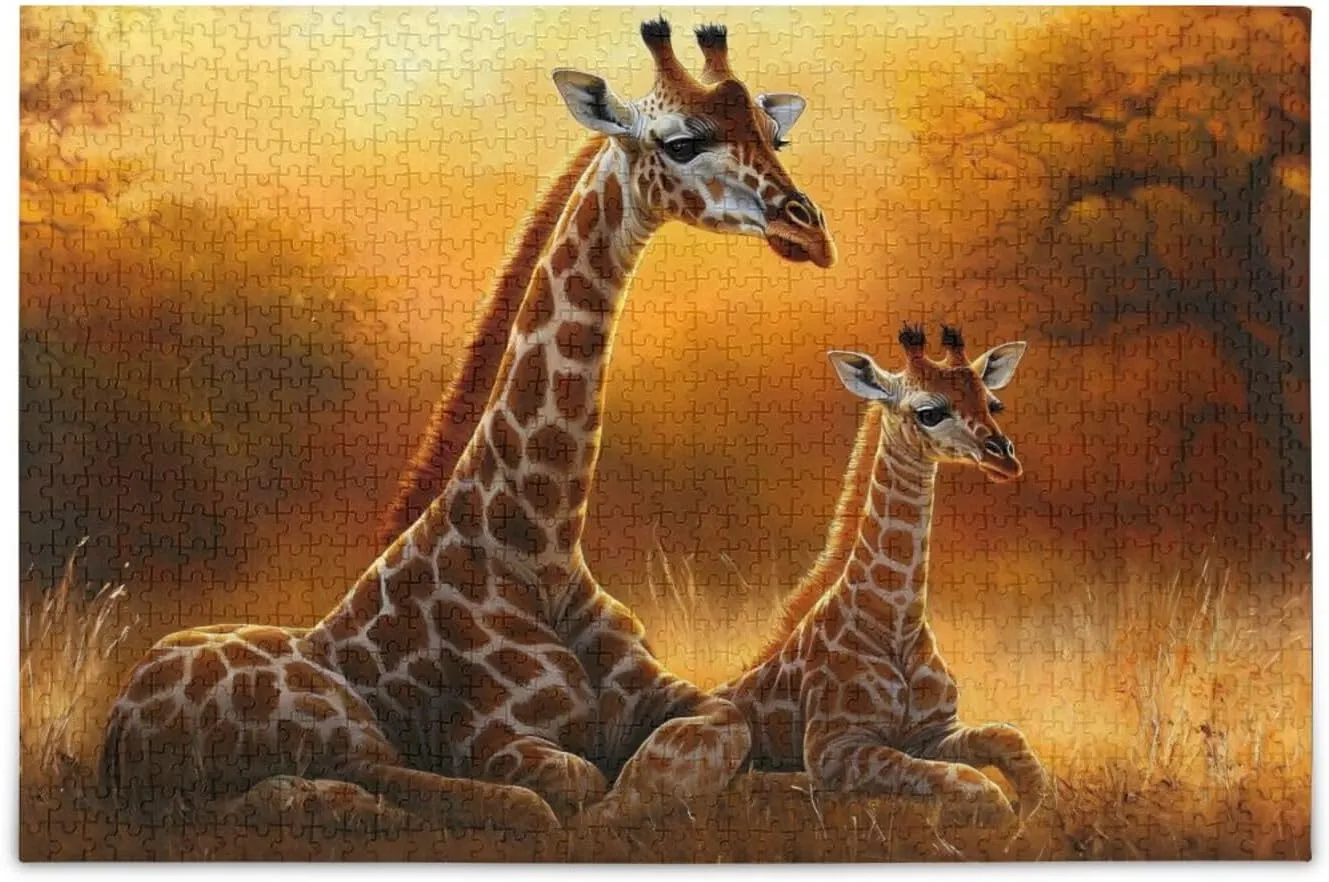 Jigsaw Puzzle Giraffe Grassland Sunrise for Adults 1000 Pieces, Impossible Challenging Hard Difficult Puzzles for Adults Jigsaw Puzzles for Party Entertainment Family Games
