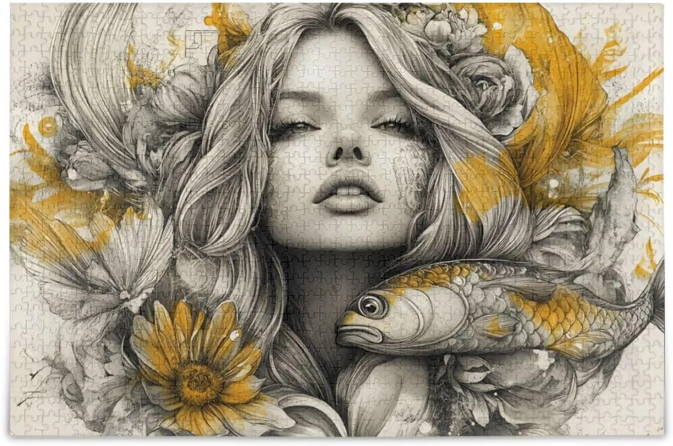 Jigsaw Puzzle Woman Fish Floral for Adults 500 Pieces, Impossible Challenging Hard Difficult Puzzles for Adults Jigsaw Puzzles for Party Entertainment Family Games