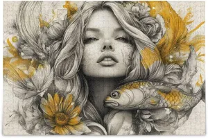 Jigsaw Puzzle Woman Fish Floral for Adults 500 Pieces, Impossible Challenging Hard Difficult Puzzles for Adults Jigsaw Puzzles for Party Entertainment Family Games