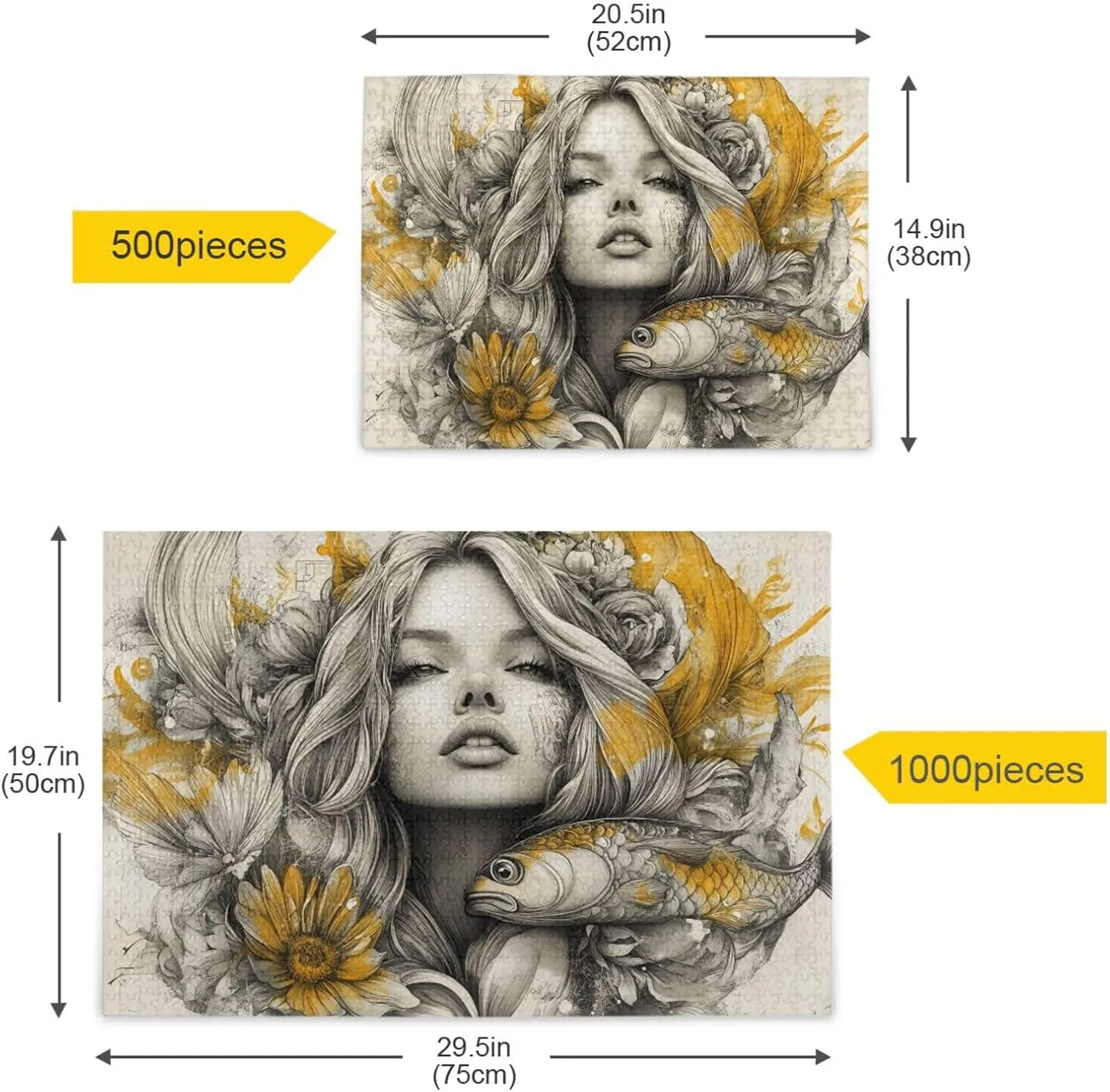 Jigsaw Puzzle Woman Fish Floral for Adults 500 Pieces, Impossible Challenging Hard Difficult Puzzles for Adults Jigsaw Puzzles for Party Entertainment Family Games
