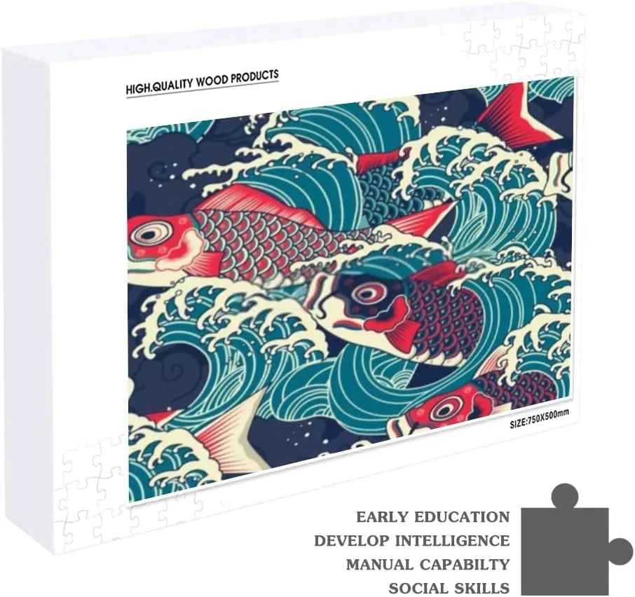 Jigsaw Puzzles Colorful Fish Wave Pattern Blue Toy Kid Educational Games Brain Challenge Adults Art DIY Child Leisure Game Suitable Family Friends 500PCS