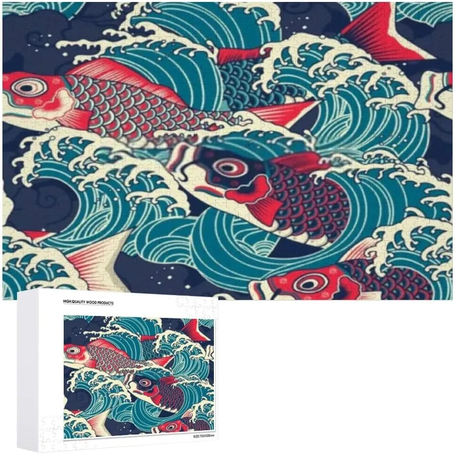 Jigsaw Puzzles Colorful Fish Wave Pattern Blue Toy Kid Educational Games Brain Challenge Adults Art DIY Child Leisure Game Suitable Family Friends 500PCS
