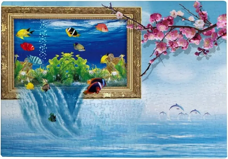 Jigsaw Puzzles Toy Kid Educational Games Brain Challenge Adults Art DIY ﻿Aquarium Water Flows Down Sakura Child Leisure Game Suitable Family Friends 500PCS
