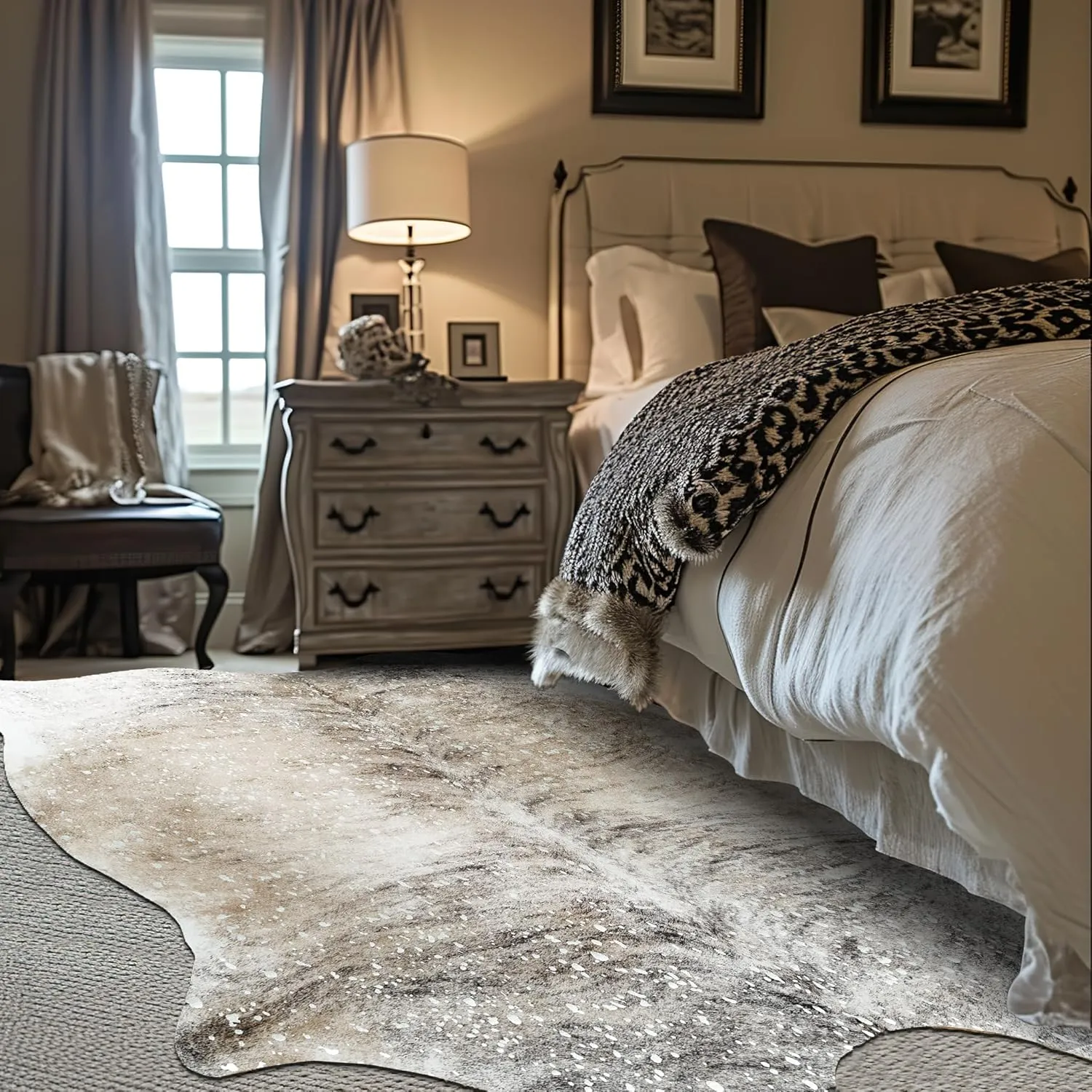 jinchan Cowhide Area Rug with Silver Foil Faux Cowhide Light Brown Living Room Area Rug 5x7 Cow Hide Indoor Floor Cover Animal Skin Alternative Mat Bedroom Carpet Western Theme Safari Decor