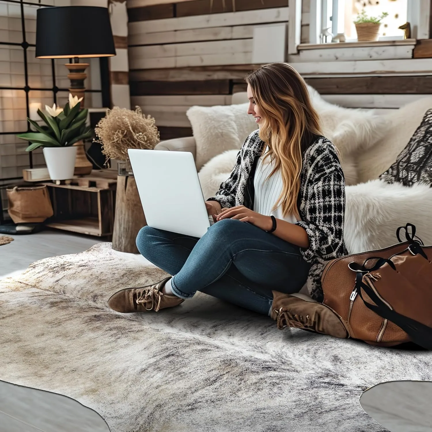 jinchan Cowhide Area Rug with Silver Foil Faux Cowhide Light Brown Living Room Area Rug 5x7 Cow Hide Indoor Floor Cover Animal Skin Alternative Mat Bedroom Carpet Western Theme Safari Decor