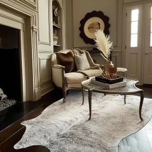 jinchan Cowhide Area Rug with Silver Foil Faux Cowhide Light Brown Living Room Area Rug 5x7 Cow Hide Indoor Floor Cover Animal Skin Alternative Mat Bedroom Carpet Western Theme Safari Decor