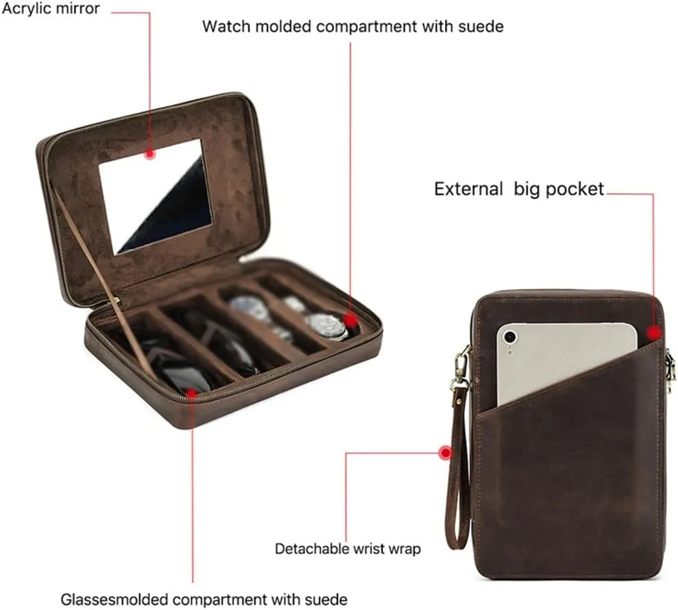 JSEIAJB Leather Wristband With Glasses Case, Multifunctional Portable Mechanical Watch, Watch Storage Box