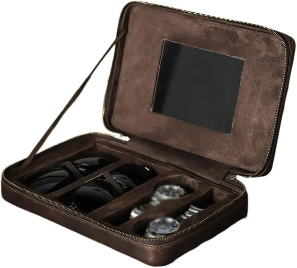 JSEIAJB Leather Wristband With Glasses Case, Multifunctional Portable Mechanical Watch, Watch Storage Box