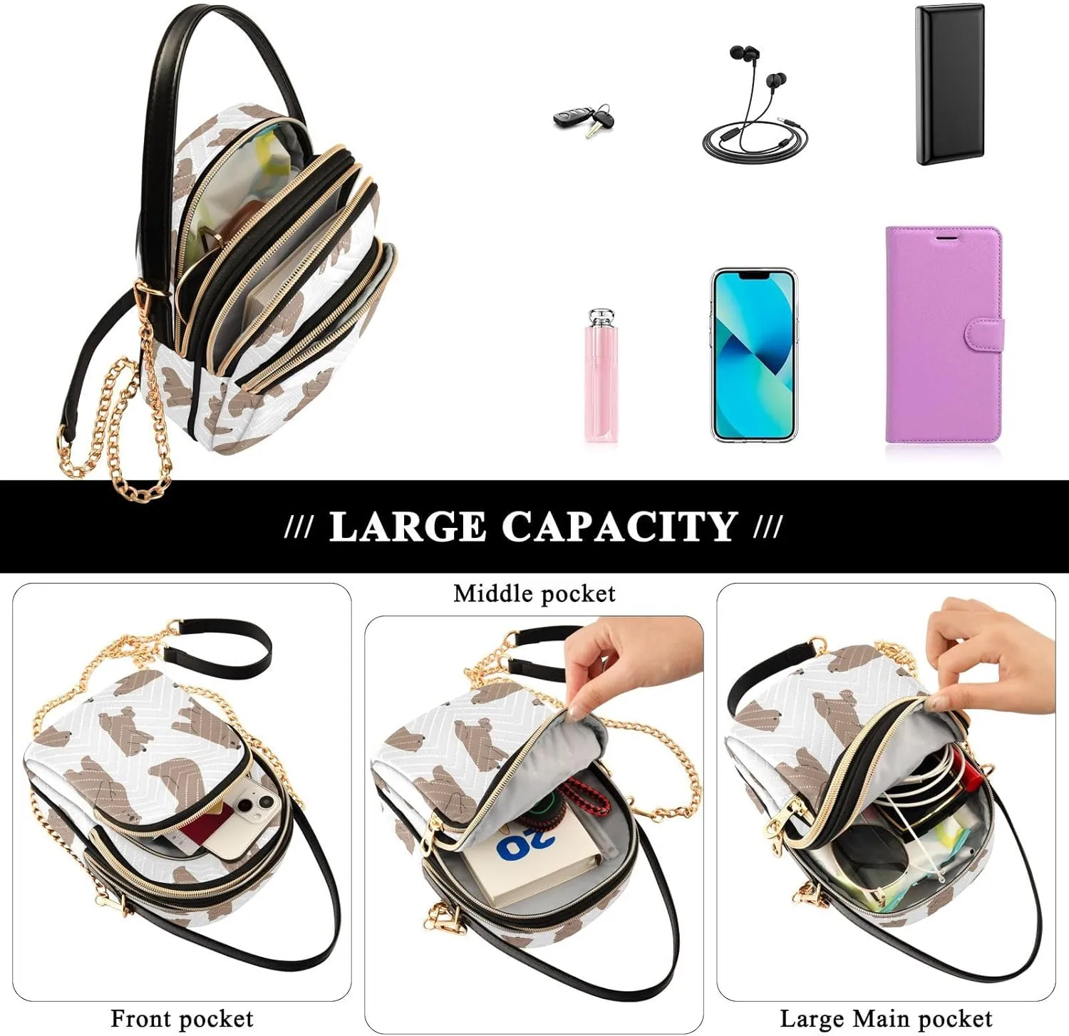 JSTEL Small Crossbody Bag for Women with Compartments,Long Gold Chain Crossbody Purse Polyester Phone Purse Wallet