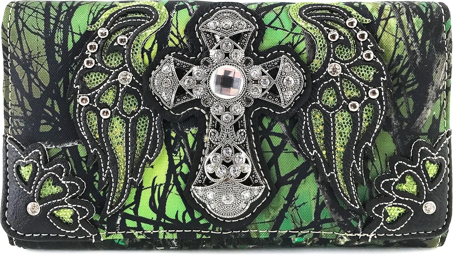 Justin West Camouflage Tree Bling Rhinestone Angel Wing Cross Shoulder Concealed Carry Handbag Purse