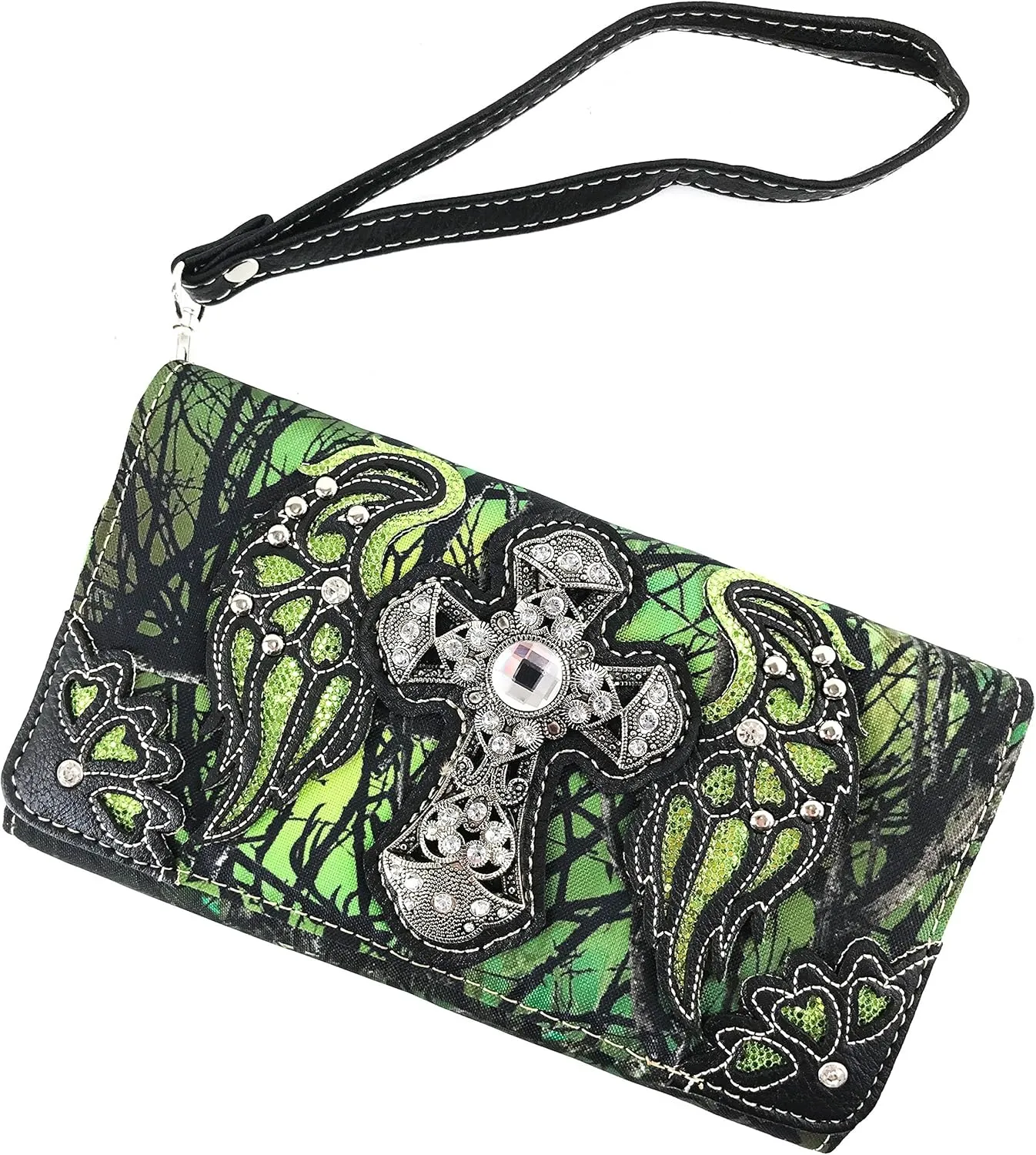 Justin West Camouflage Tree Bling Rhinestone Angel Wing Cross Shoulder Concealed Carry Handbag Purse