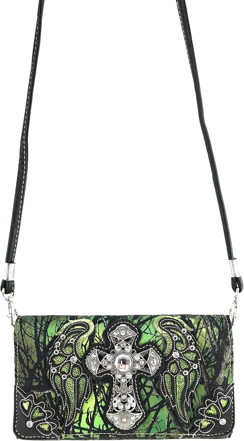 Justin West Camouflage Tree Bling Rhinestone Angel Wing Cross Shoulder Concealed Carry Handbag Purse