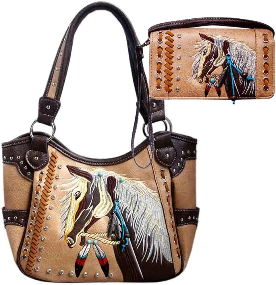 Justin West Dales Pony Horse White Mane Embroidery Feather Conceal Carry Women Handbag Purse