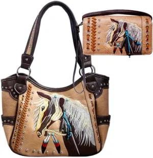 Justin West Dales Pony Horse White Mane Embroidery Feather Conceal Carry Women Handbag Purse