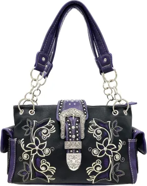 Justin West Embroidery Floral Glittering Bling Rhinestone Buckle Shoulder Concealed Carry Handbag Purse Trifold Wallet