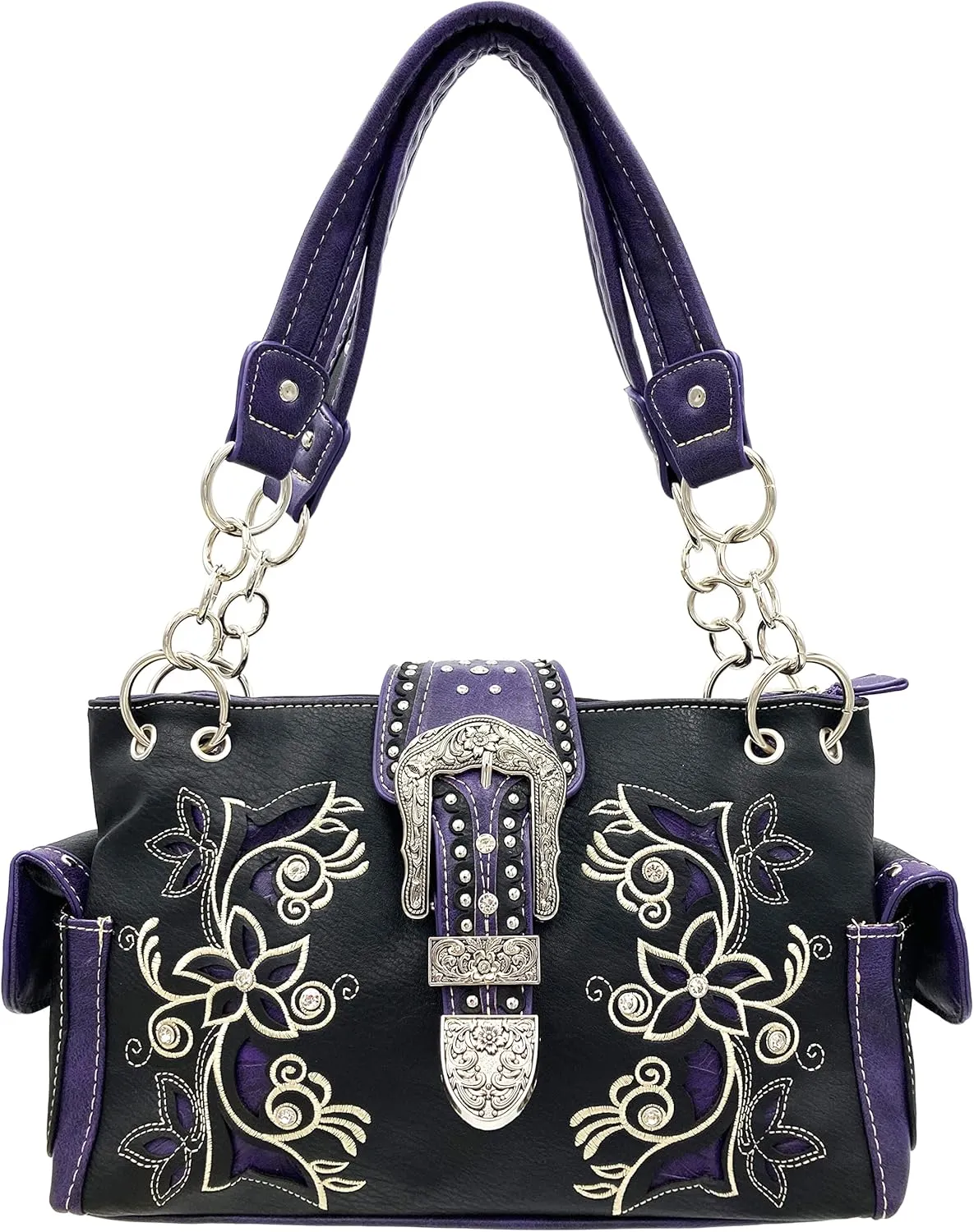 Justin West Embroidery Floral Glittering Bling Rhinestone Buckle Shoulder Concealed Carry Handbag Purse Trifold Wallet