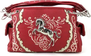 Justin West Horse Embroidery Studded Concealed Carry Handbag Purse Matching Wallet (Red)