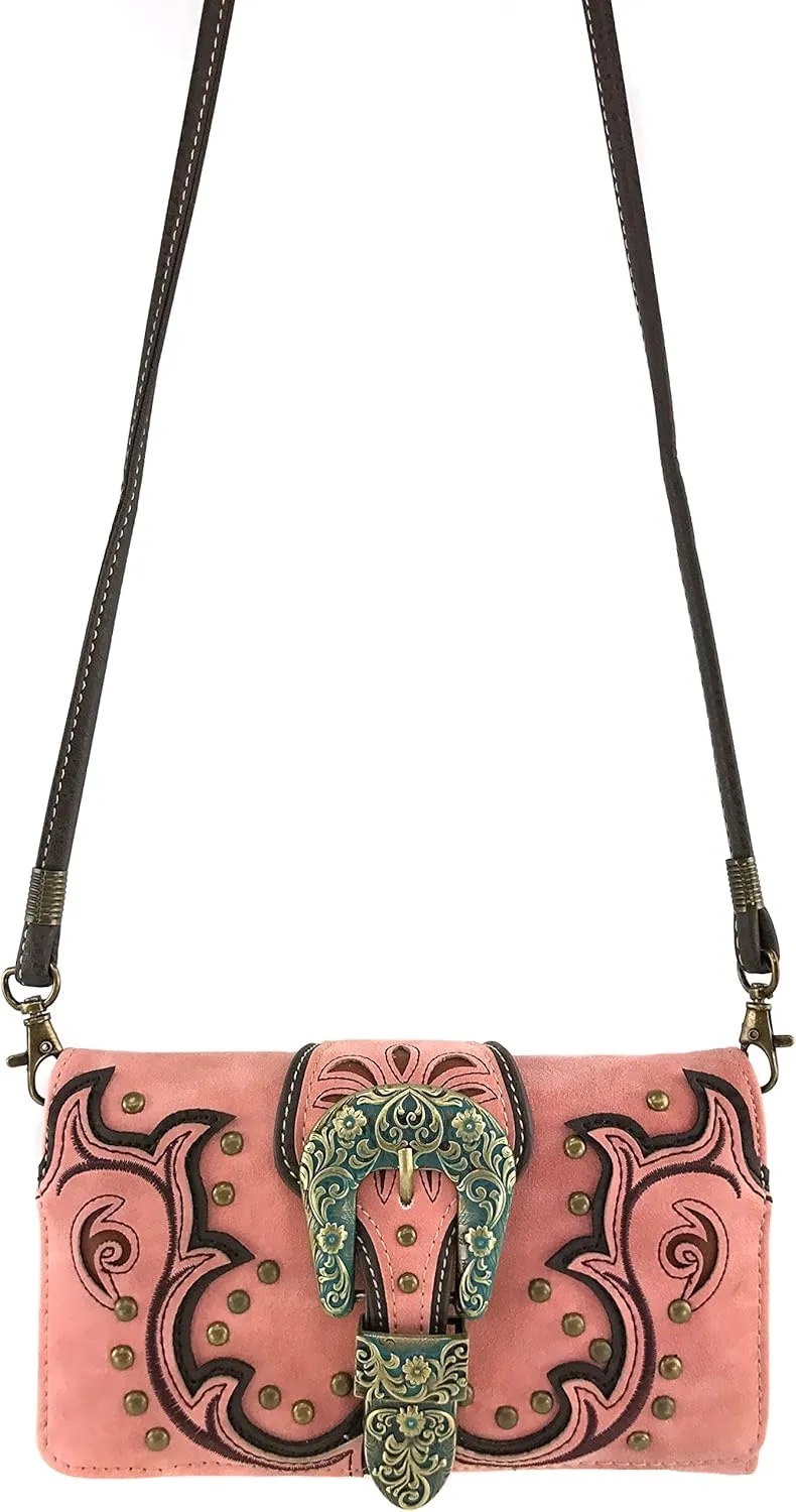 Justin West Patina Girl Western Bronze Floral Buckle Conceal Carry Handbag Purse Tote and Strap Wallet