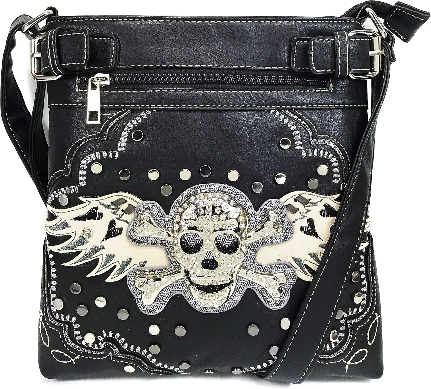 Justin West Rhinestone Skull Embroidery Floral Design Shoulder Chain Handbag