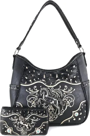 Justin West Western Embroidery Horse Turquoise Concho Rhinestone Studded Shoulder Tote Handbag Purse Wallet