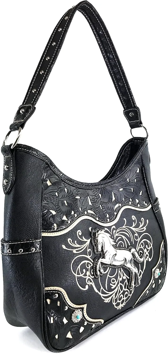 Justin West Western Embroidery Horse Turquoise Concho Rhinestone Studded Shoulder Tote Handbag Purse Wallet