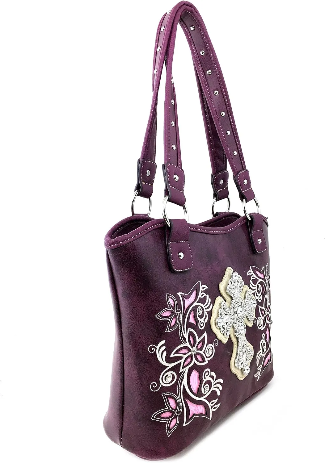 Justin West Western Floral Wing Embroidery Laser Cut Rhinestone Silver Cross Studded Shoulder Tote Handbag Purse Wallet