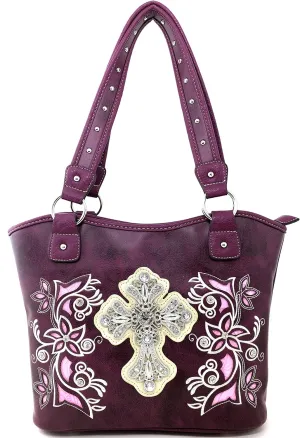 Justin West Western Floral Wing Embroidery Laser Cut Rhinestone Silver Cross Studded Shoulder Tote Handbag Purse Wallet