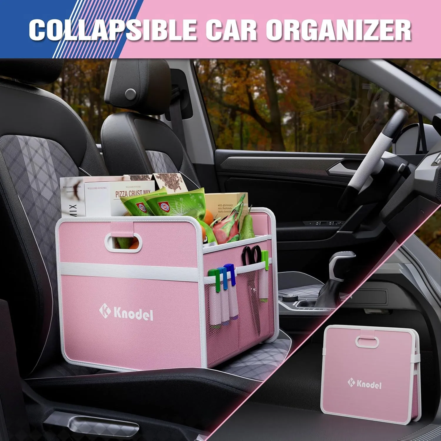 K KNODEL Car Trunk Organizer, Foldable Organizer for Car, Automotive Consoles & Organizers, Storage with Reinforced Handles (Small, Pink)