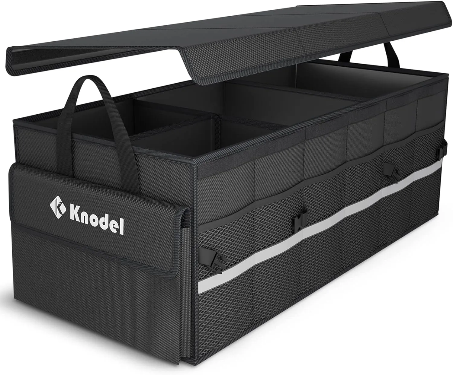 K KNODEL Car Trunk Organizer with Lid, 3 Compartments Collapsible Car Trunk Storage Organizer, Large Car Organizer and Storage for SUV, Truck, Sedan (3C，Black)