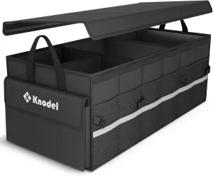 K KNODEL Car Trunk Organizer with Lid, 3 Compartments Collapsible Car Trunk Storage Organizer, Large Car Organizer and Storage for SUV, Truck, Sedan (3C，Black)