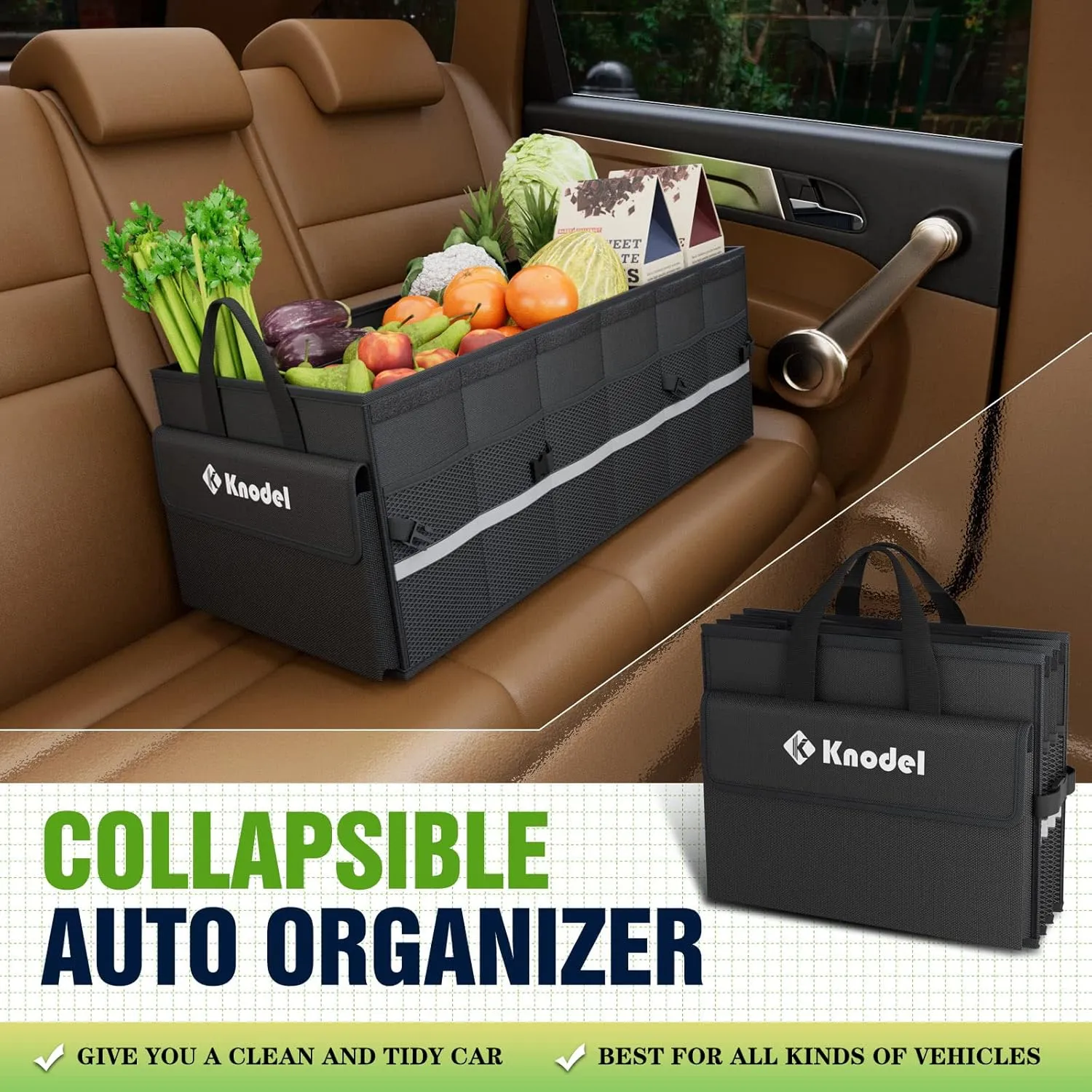 K KNODEL Car Trunk Organizer with Lid, 3 Compartments Collapsible Car Trunk Storage Organizer, Large Car Organizer and Storage for SUV, Truck, Sedan (3C，Black)
