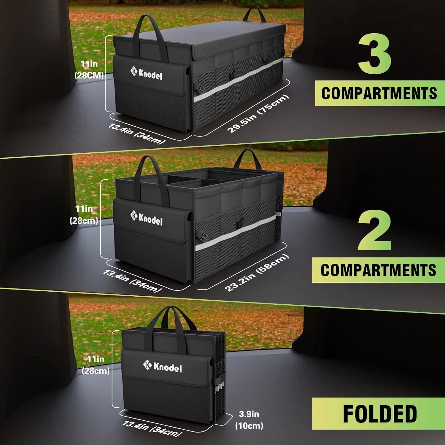 K KNODEL Car Trunk Organizer with Lid, 3 Compartments Collapsible Car Trunk Storage Organizer, Large Car Organizer and Storage for SUV, Truck, Sedan (3C，Black)