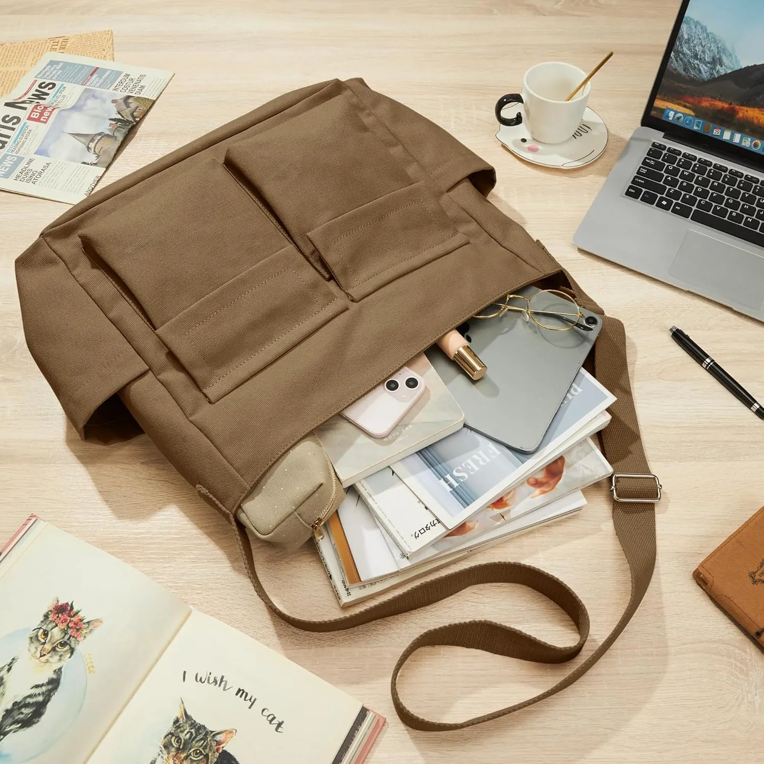 KALIDI Canvas Tote Bag Messenger Bag, Large Crossbody Bag for Women or Men, Casual Canvas Shoulder Bag for College Work Daily
