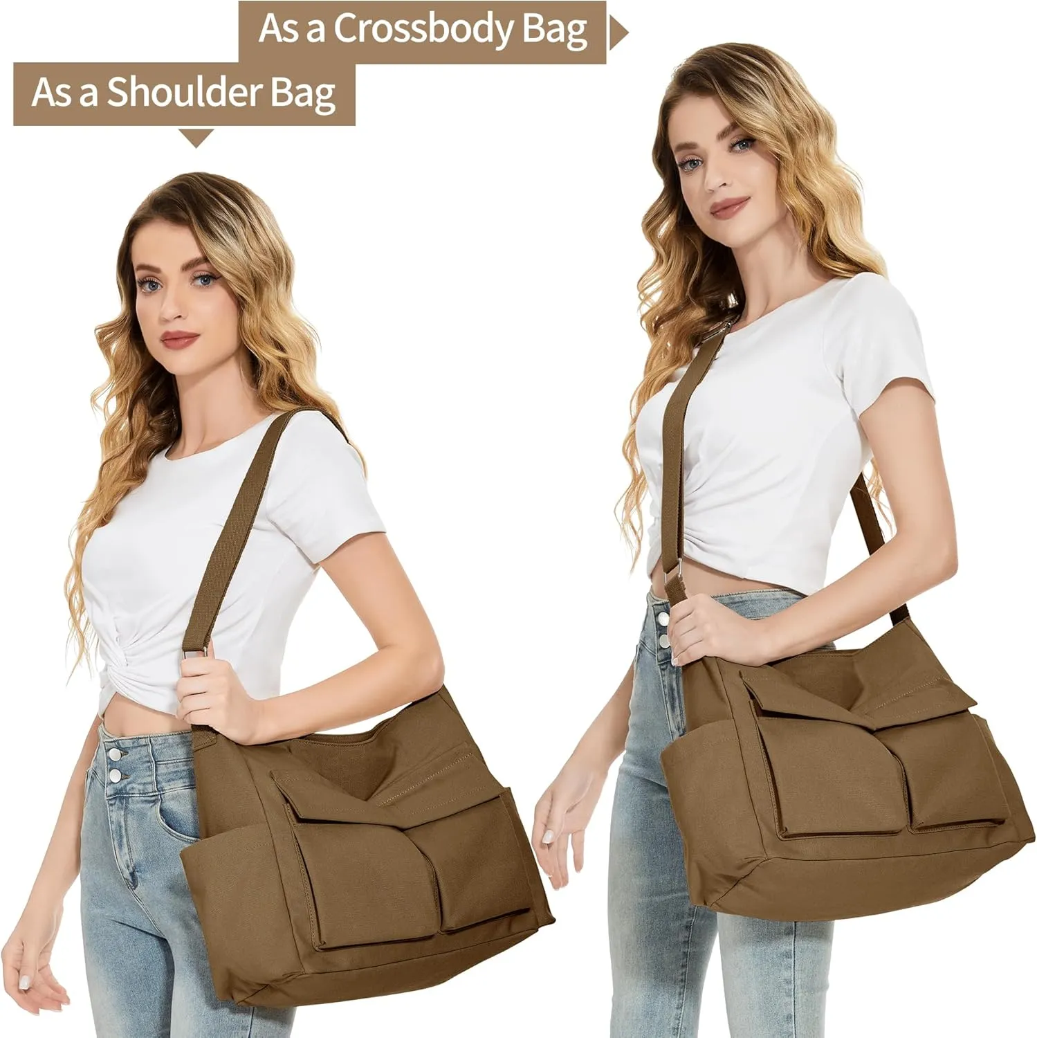 KALIDI Canvas Tote Bag Messenger Bag, Large Crossbody Bag for Women or Men, Casual Canvas Shoulder Bag for College Work Daily
