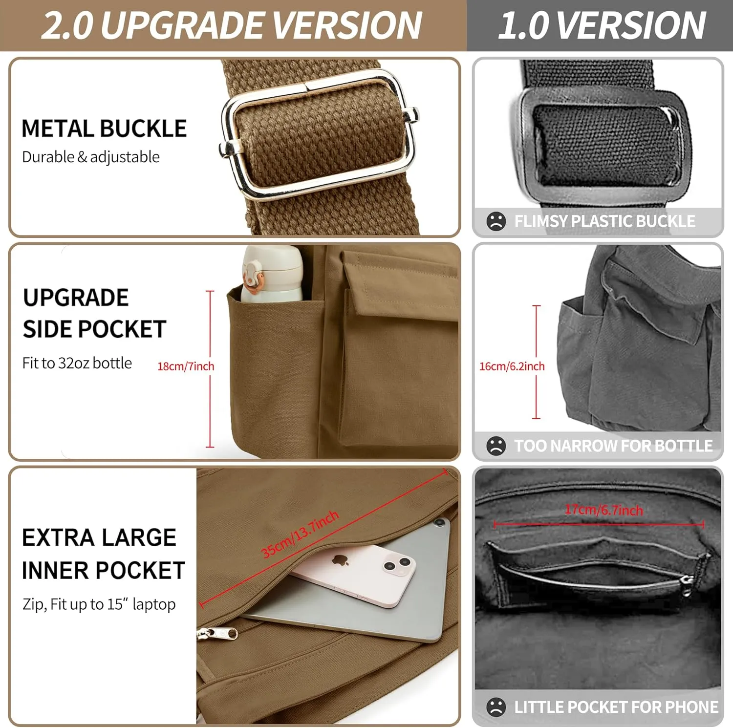 KALIDI Canvas Tote Bag Messenger Bag, Large Crossbody Bag for Women or Men, Casual Canvas Shoulder Bag for College Work Daily